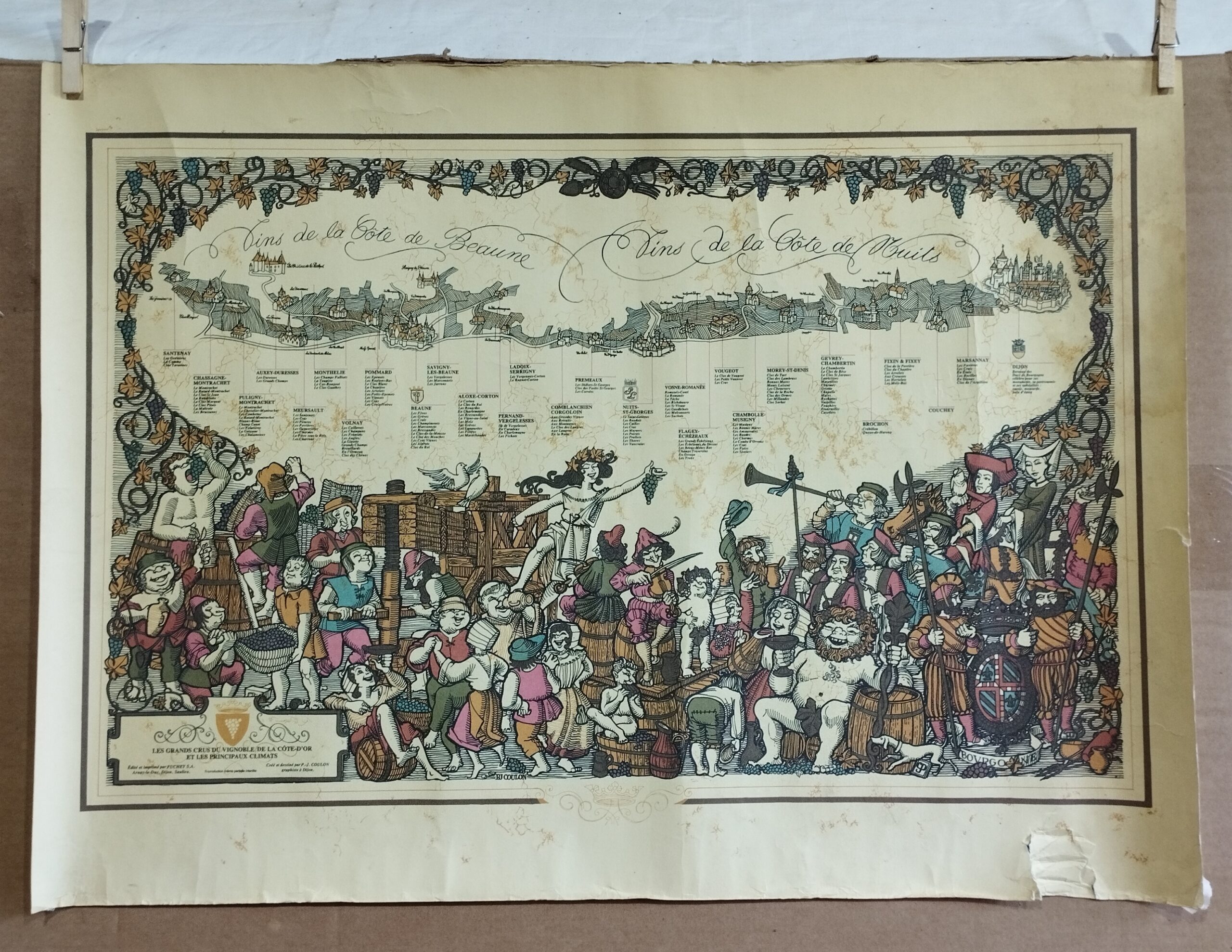 Ancienne Affiche Lithographie Gravure VIGNOBLE LES GRANDS CRUS DE VIN Les Grands Crus du Vignoble de la Côte-D'Or et les principaux climats Vins de la Côte de Beaune. Vins de la Côte de Nuits.
